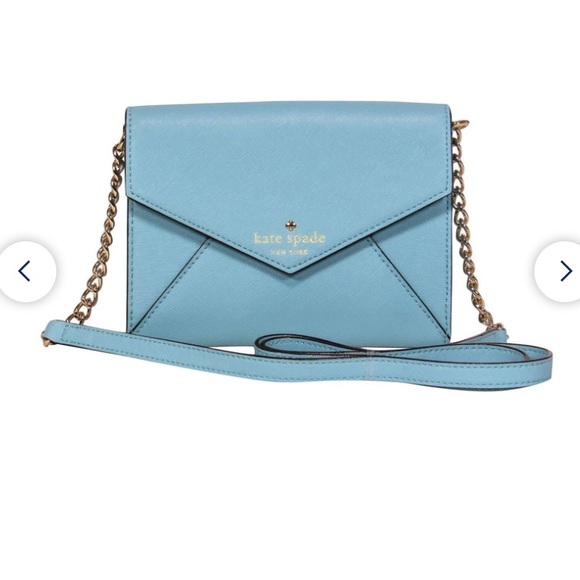 Kate Spade powder blue envelope wallet purse with matching blue/gold chain - Picture 2 of 8